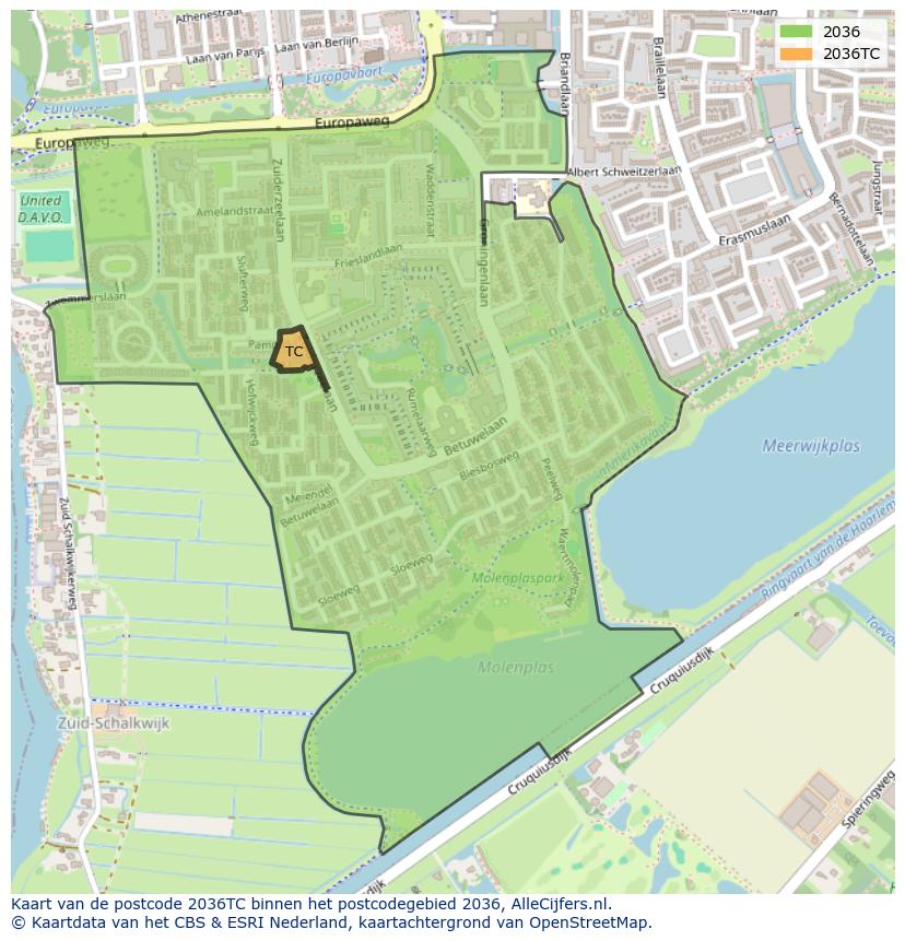 Afbeelding van het postcodegebied 2036 TC op de kaart.