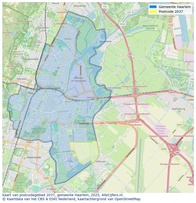Afbeelding van het postcodegebied 2037 op de kaart.