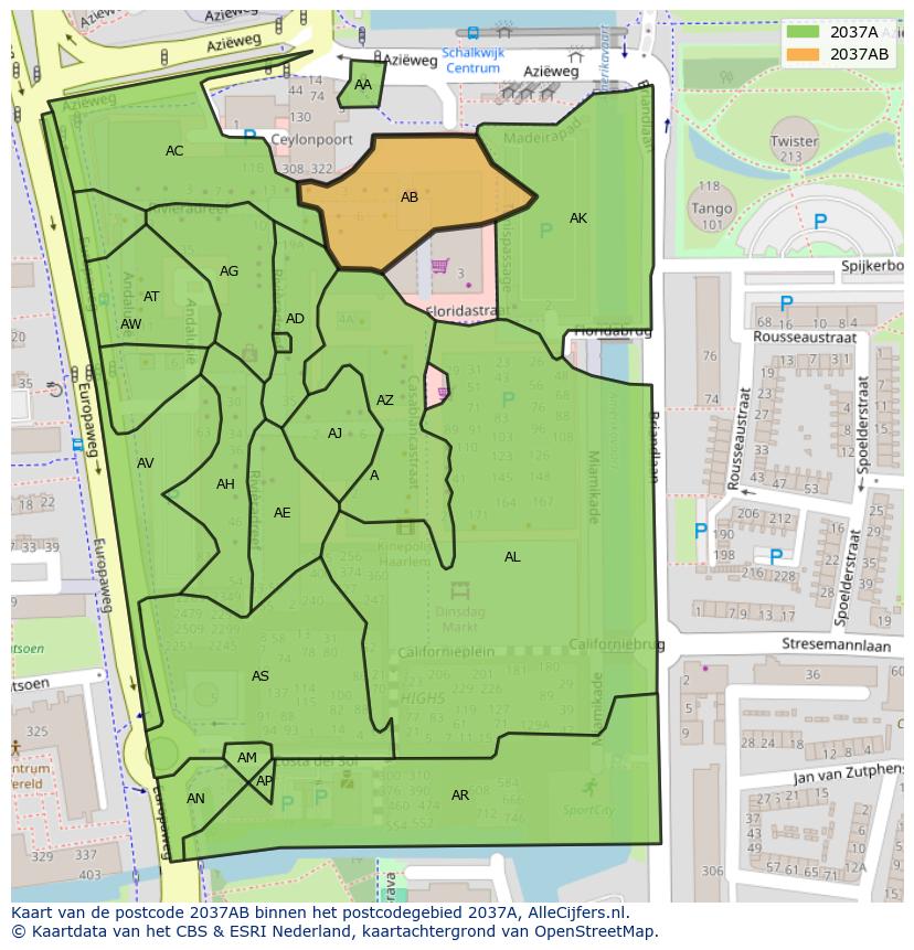 Afbeelding van het postcodegebied 2037 AB op de kaart.