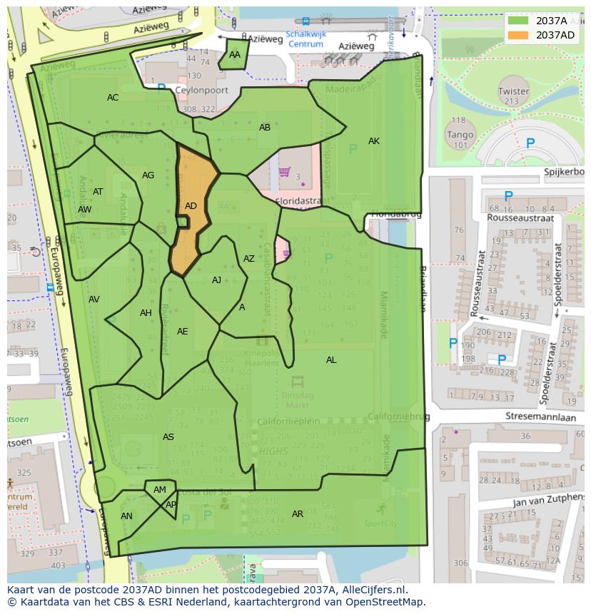 Afbeelding van het postcodegebied 2037 AD op de kaart.