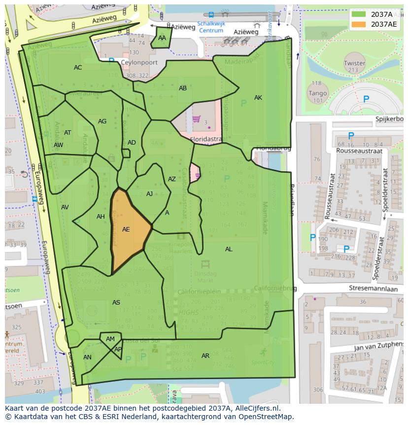 Afbeelding van het postcodegebied 2037 AE op de kaart.