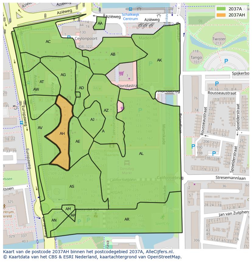 Afbeelding van het postcodegebied 2037 AH op de kaart.