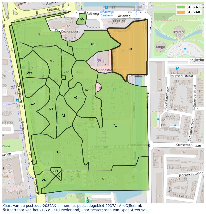 Afbeelding van het postcodegebied 2037 AK op de kaart.