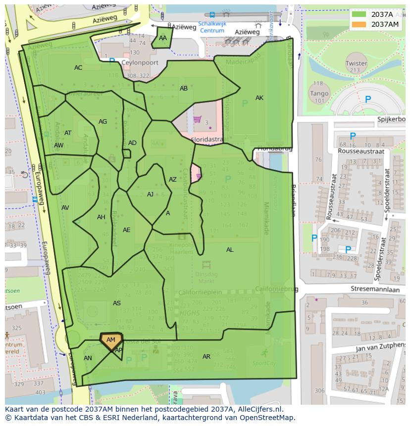 Afbeelding van het postcodegebied 2037 AM op de kaart.