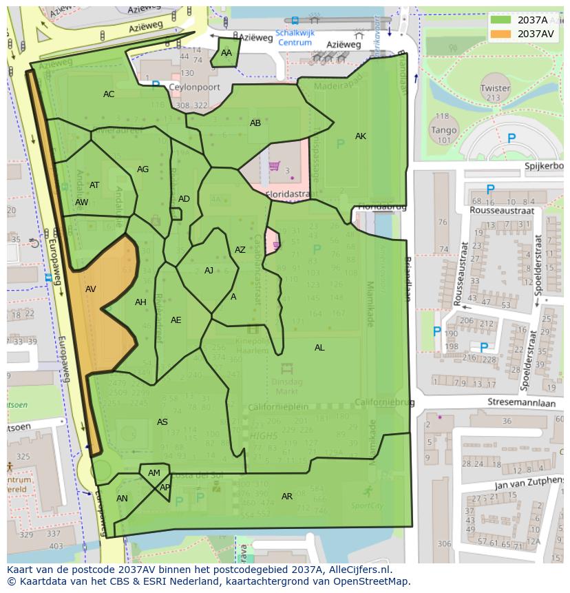 Afbeelding van het postcodegebied 2037 AV op de kaart.