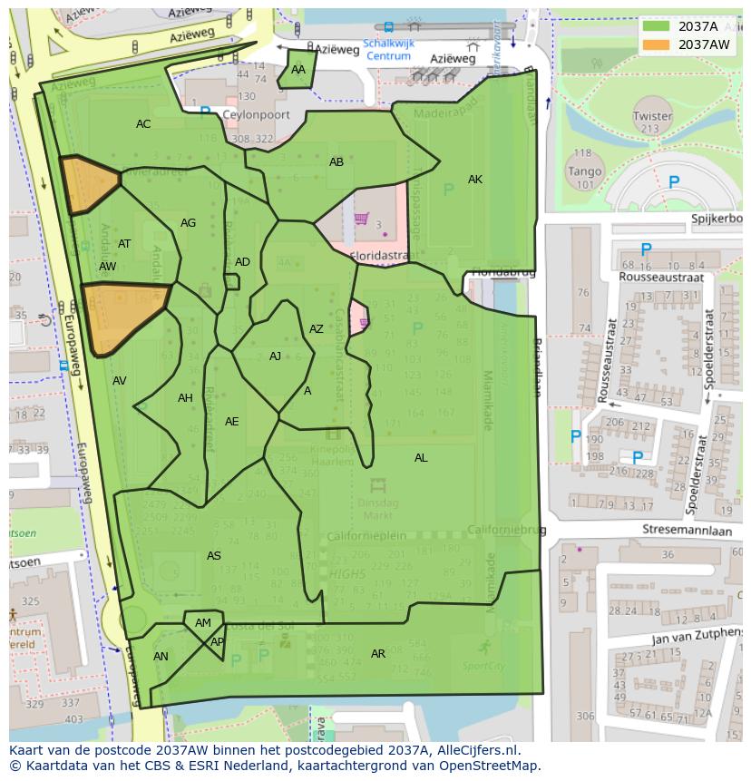 Afbeelding van het postcodegebied 2037 AW op de kaart.