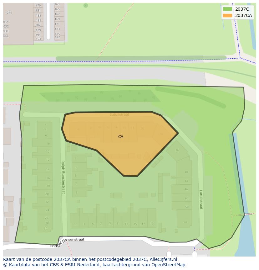 Afbeelding van het postcodegebied 2037 CA op de kaart.