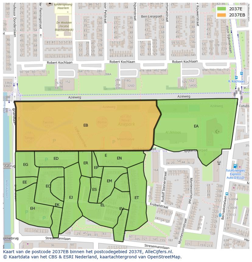 Afbeelding van het postcodegebied 2037 EB op de kaart.