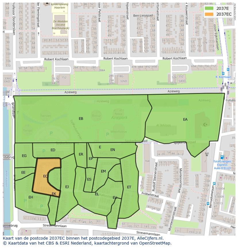 Afbeelding van het postcodegebied 2037 EC op de kaart.