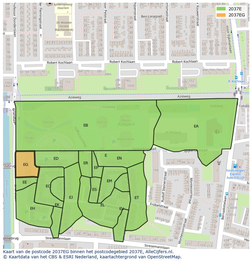 Afbeelding van het postcodegebied 2037 EG op de kaart.