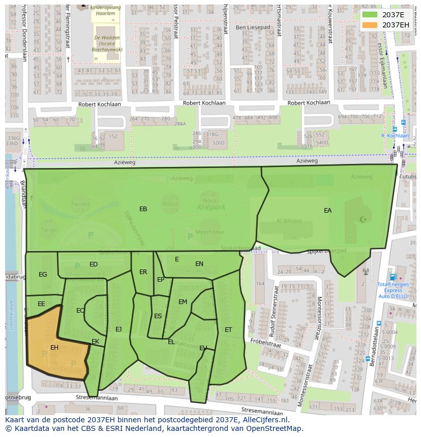 Afbeelding van het postcodegebied 2037 EH op de kaart.