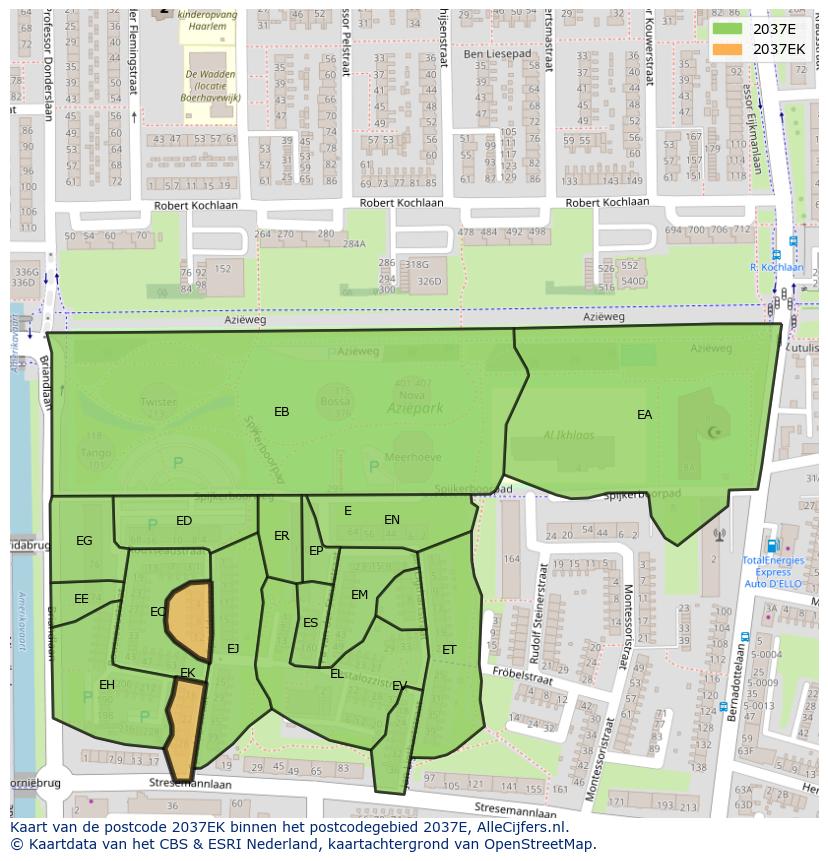 Afbeelding van het postcodegebied 2037 EK op de kaart.