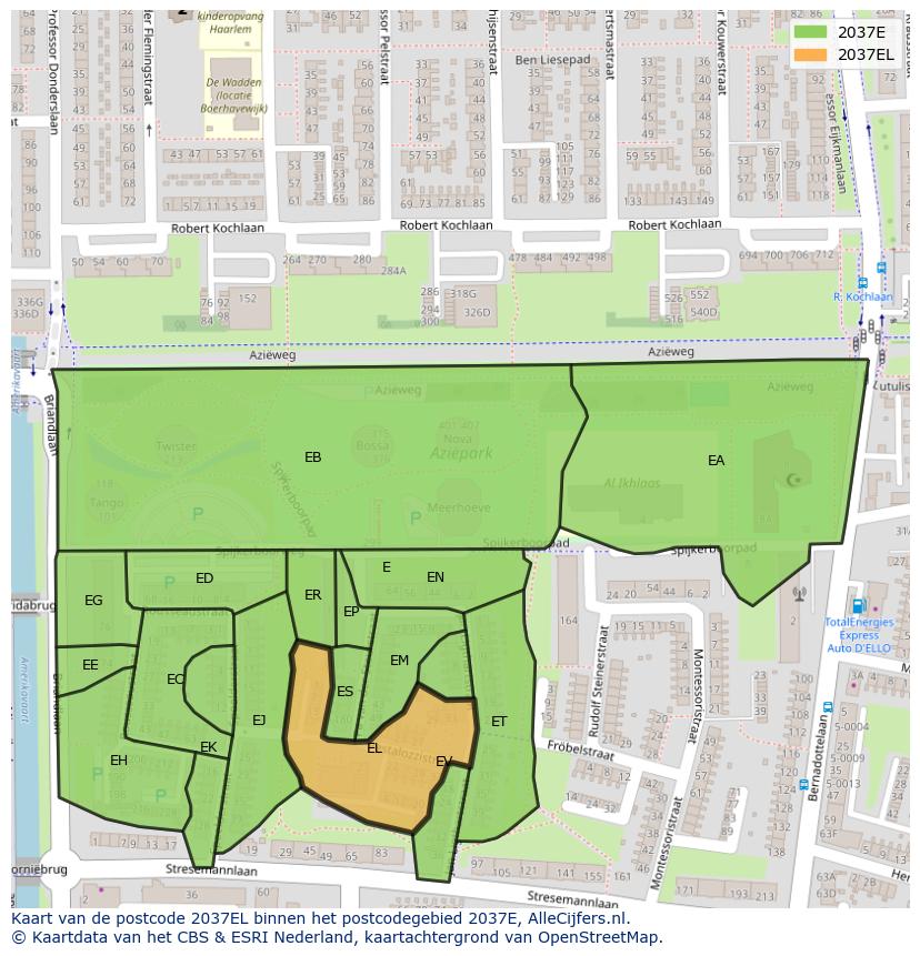 Afbeelding van het postcodegebied 2037 EL op de kaart.