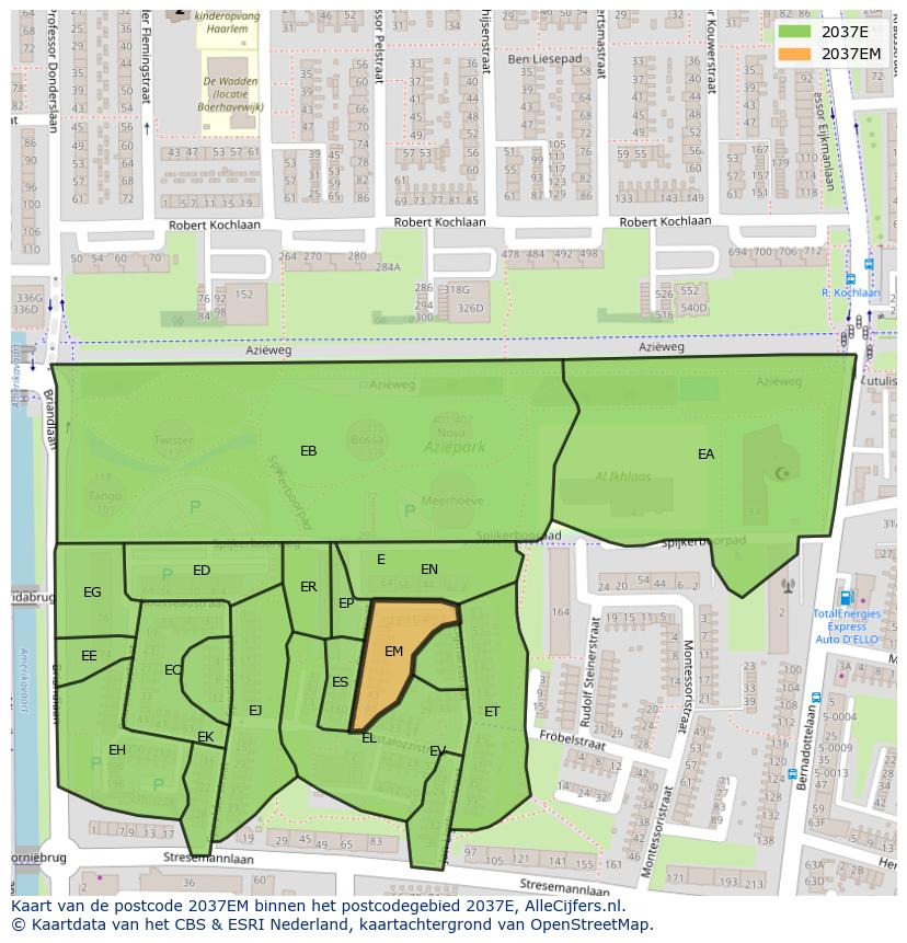 Afbeelding van het postcodegebied 2037 EM op de kaart.