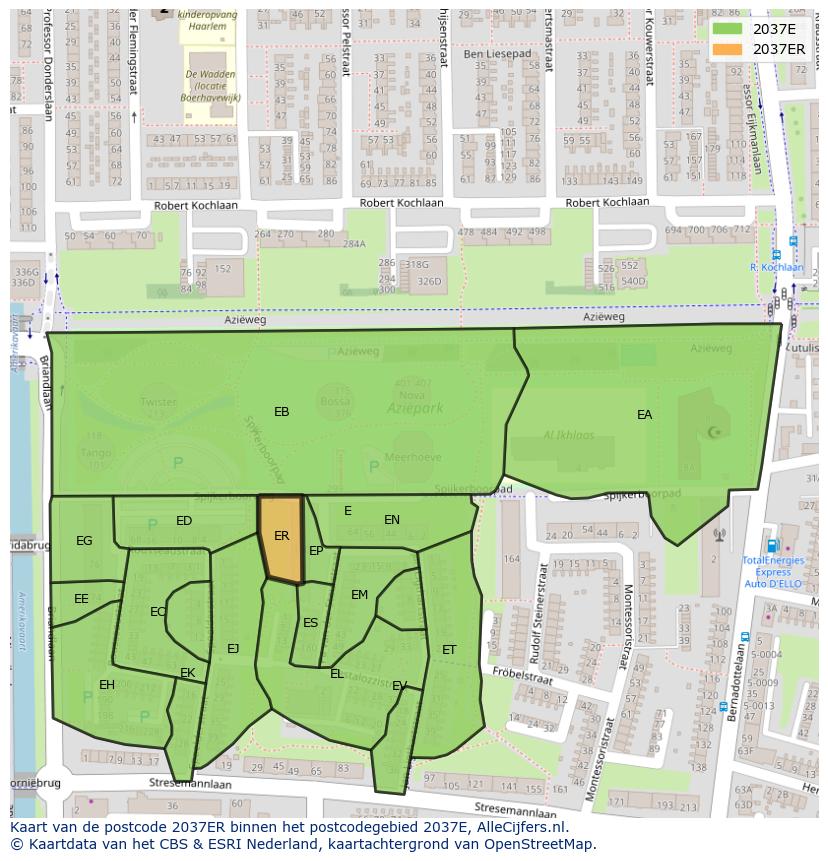 Afbeelding van het postcodegebied 2037 ER op de kaart.