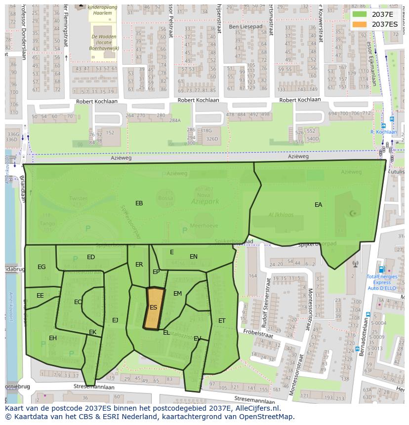 Afbeelding van het postcodegebied 2037 ES op de kaart.