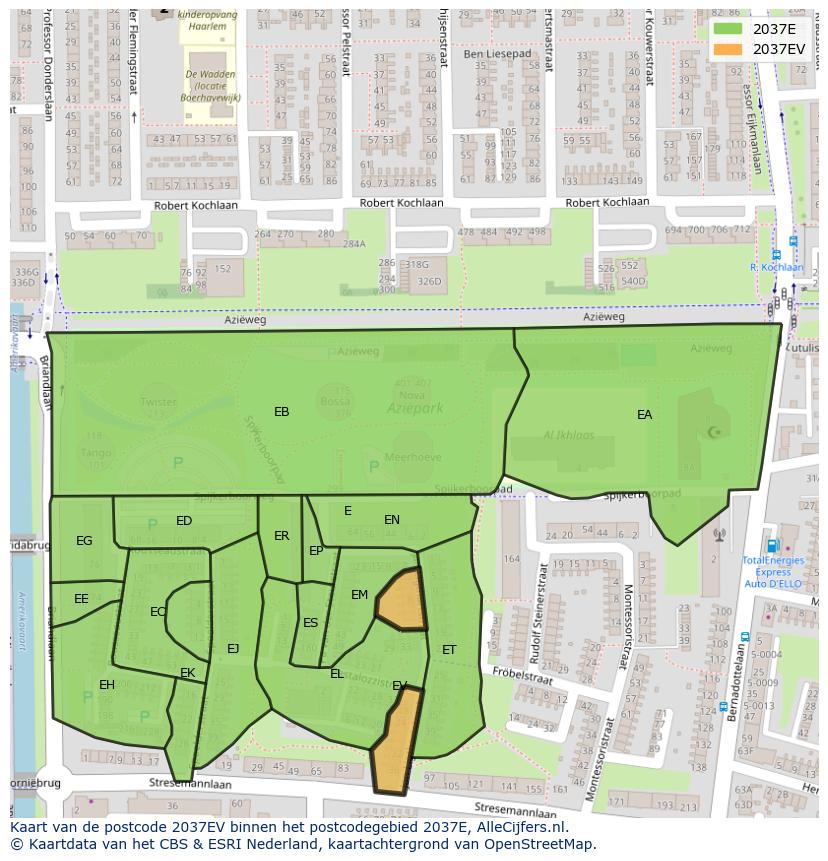 Afbeelding van het postcodegebied 2037 EV op de kaart.