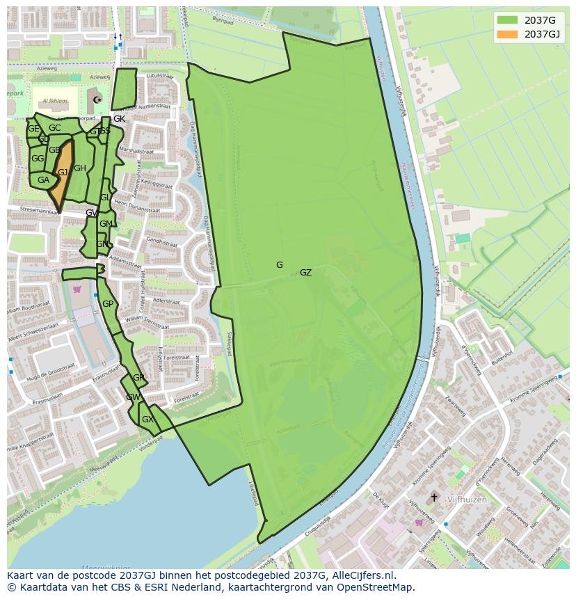 Afbeelding van het postcodegebied 2037 GJ op de kaart.