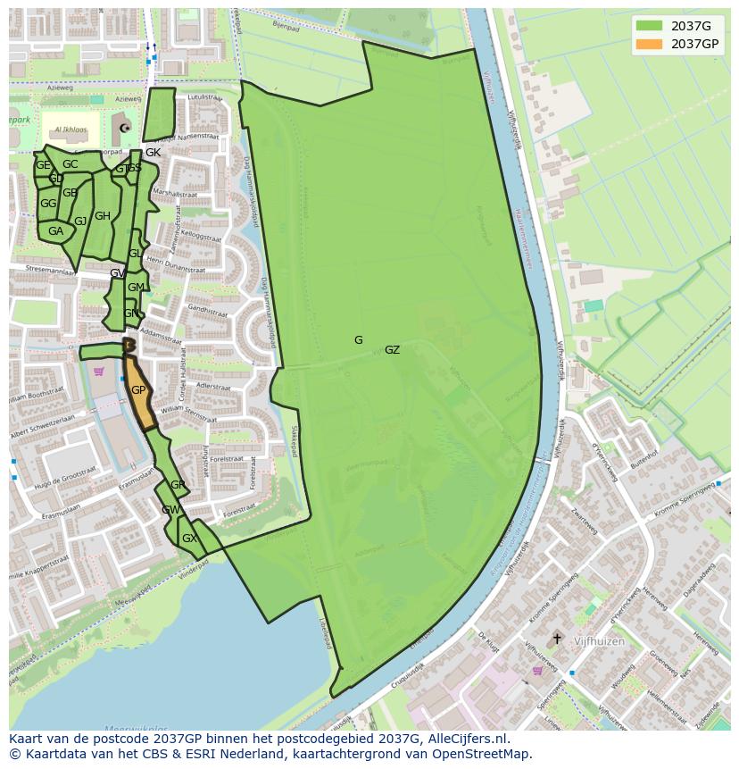 Afbeelding van het postcodegebied 2037 GP op de kaart.