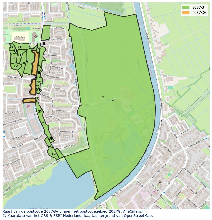 Afbeelding van het postcodegebied 2037 GV op de kaart.