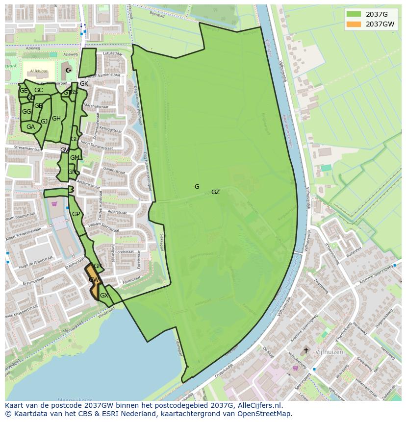 Afbeelding van het postcodegebied 2037 GW op de kaart.