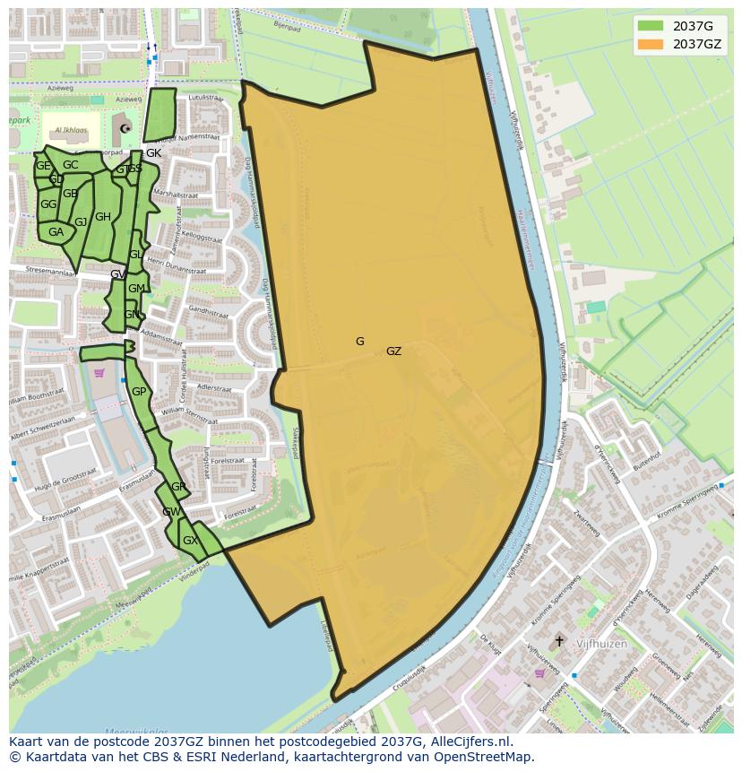 Afbeelding van het postcodegebied 2037 GZ op de kaart.