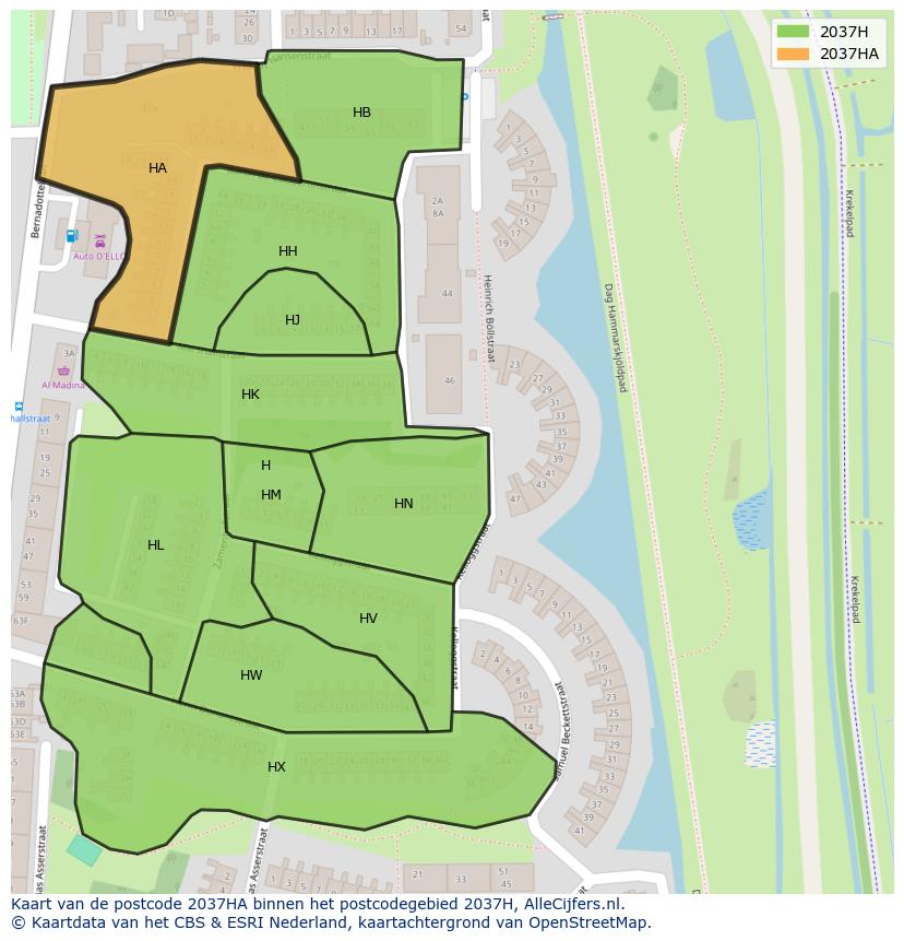 Afbeelding van het postcodegebied 2037 HA op de kaart.