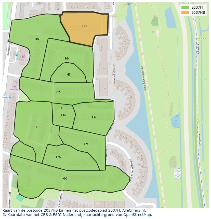 Afbeelding van het postcodegebied 2037 HB op de kaart.