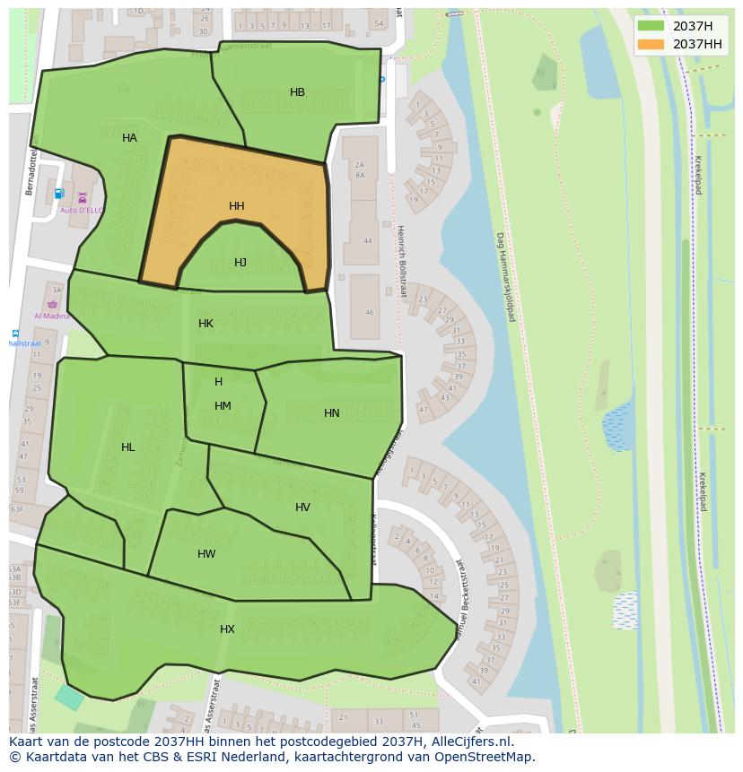 Afbeelding van het postcodegebied 2037 HH op de kaart.