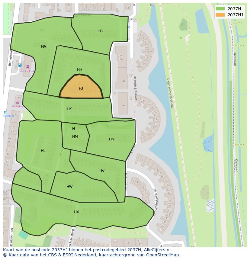 Afbeelding van het postcodegebied 2037 HJ op de kaart.