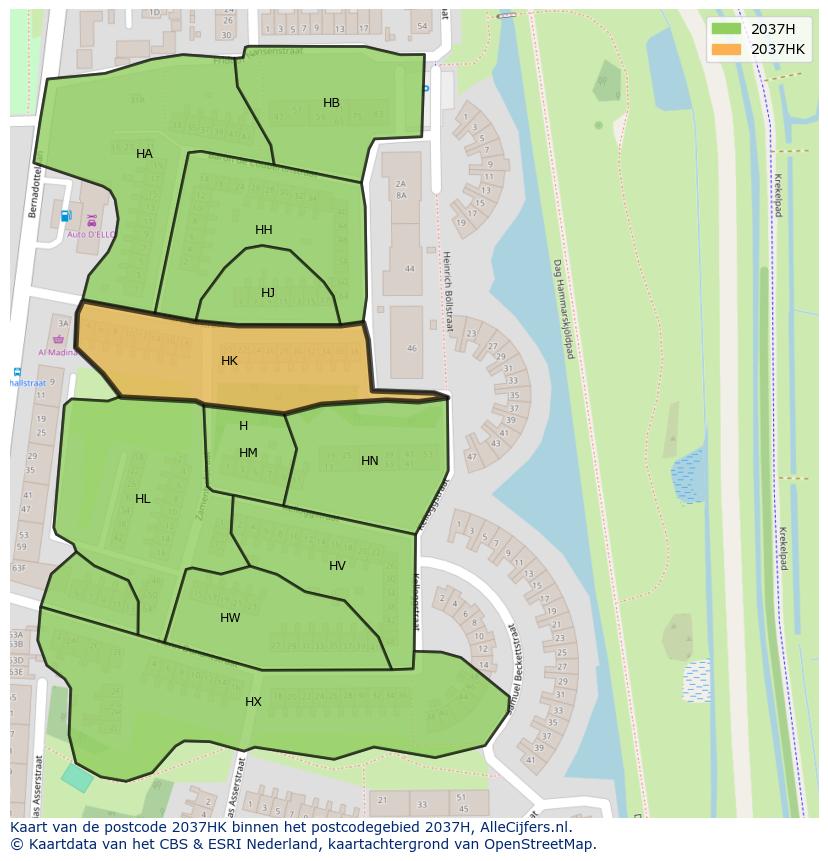 Afbeelding van het postcodegebied 2037 HK op de kaart.