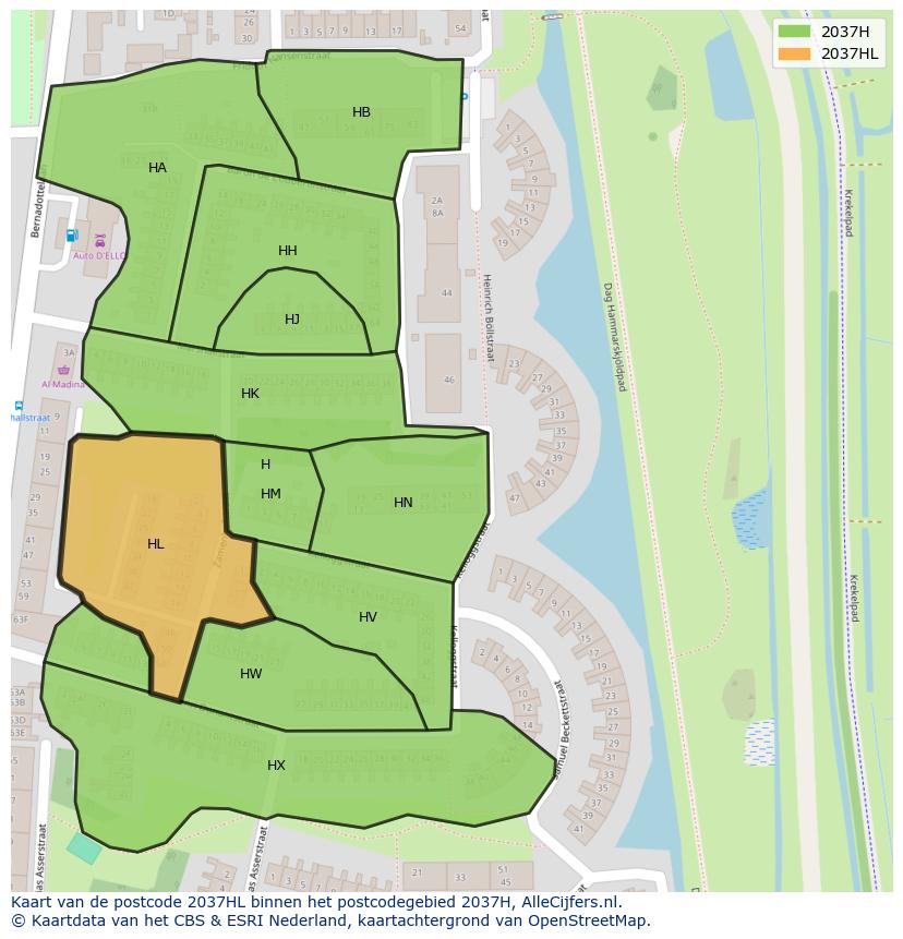 Afbeelding van het postcodegebied 2037 HL op de kaart.