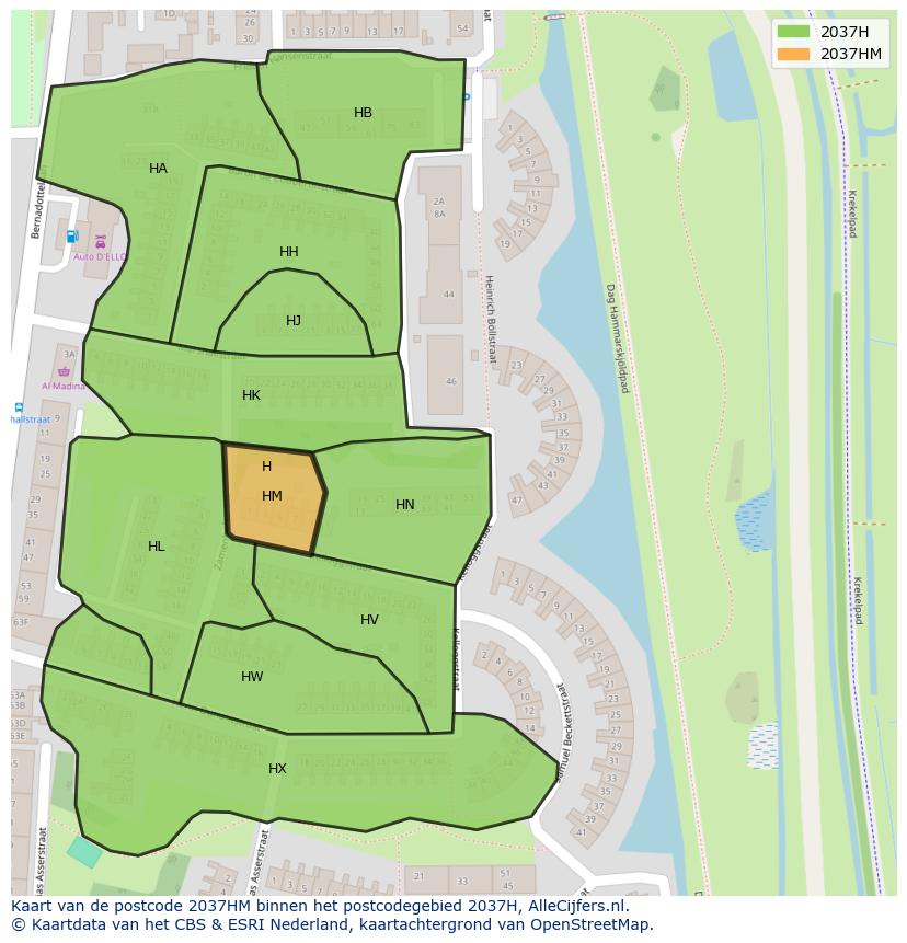 Afbeelding van het postcodegebied 2037 HM op de kaart.