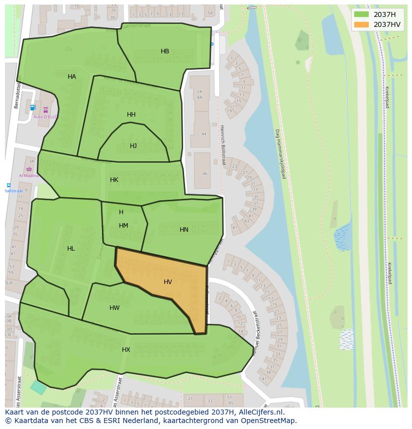 Afbeelding van het postcodegebied 2037 HV op de kaart.