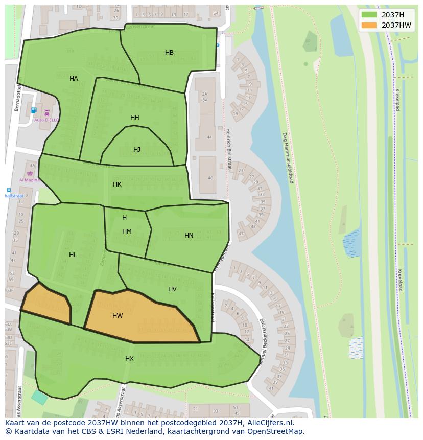 Afbeelding van het postcodegebied 2037 HW op de kaart.