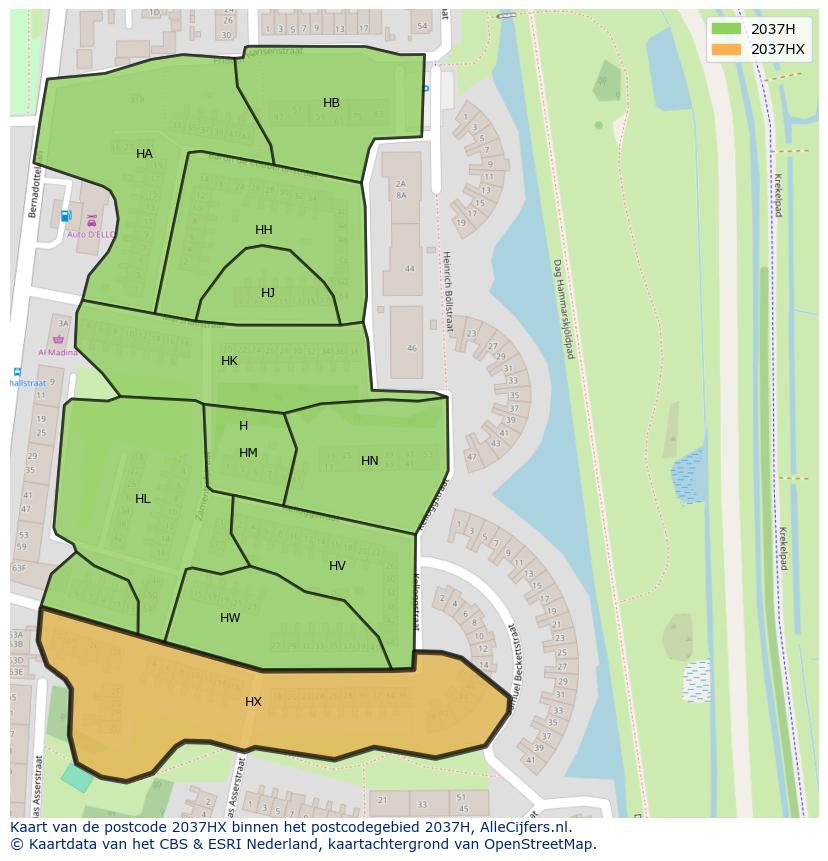 Afbeelding van het postcodegebied 2037 HX op de kaart.