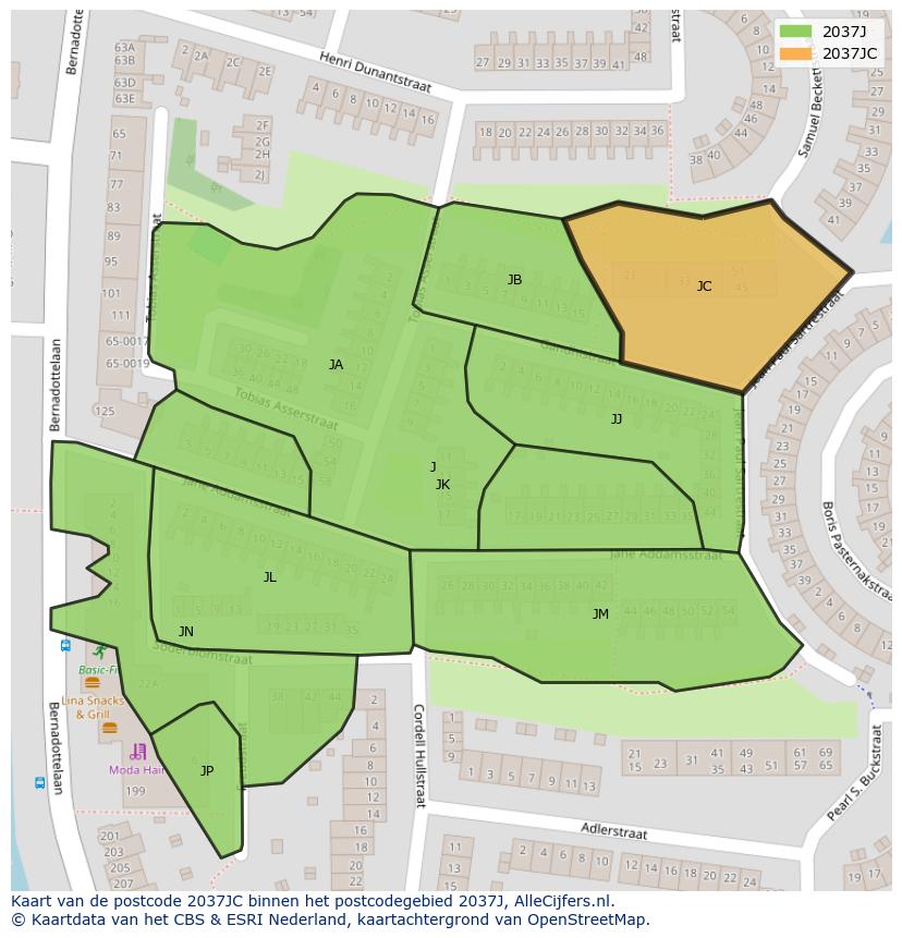 Afbeelding van het postcodegebied 2037 JC op de kaart.