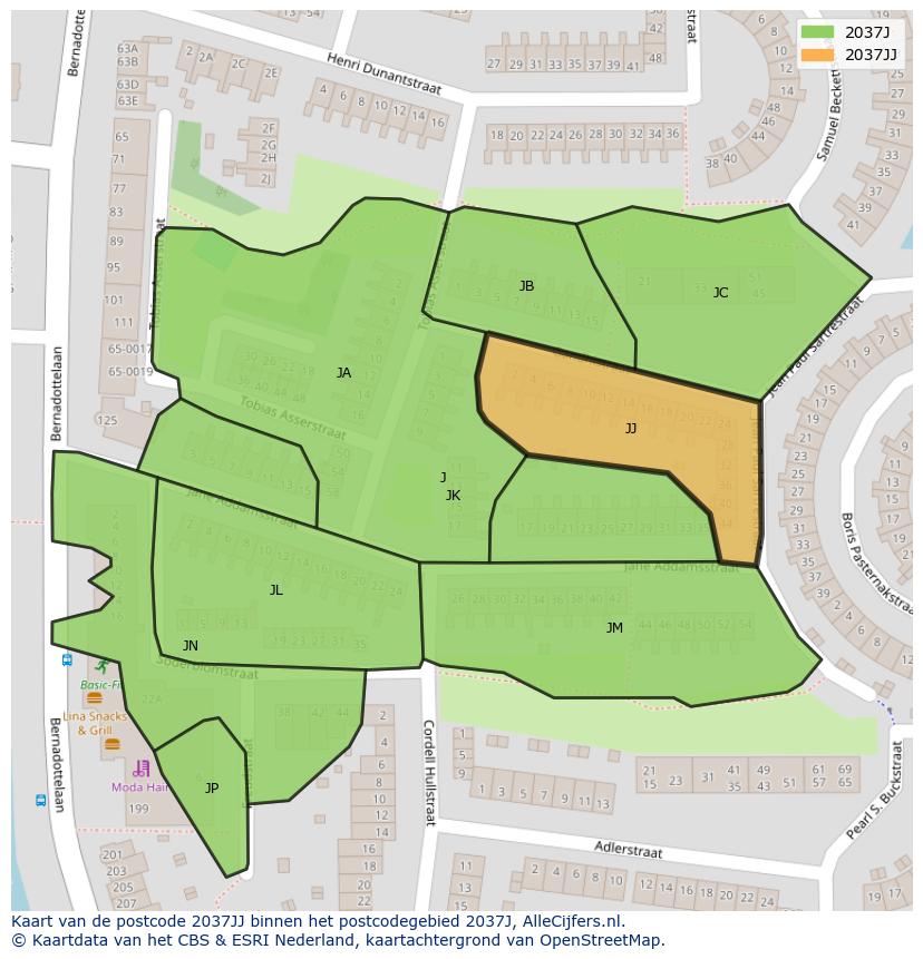Afbeelding van het postcodegebied 2037 JJ op de kaart.