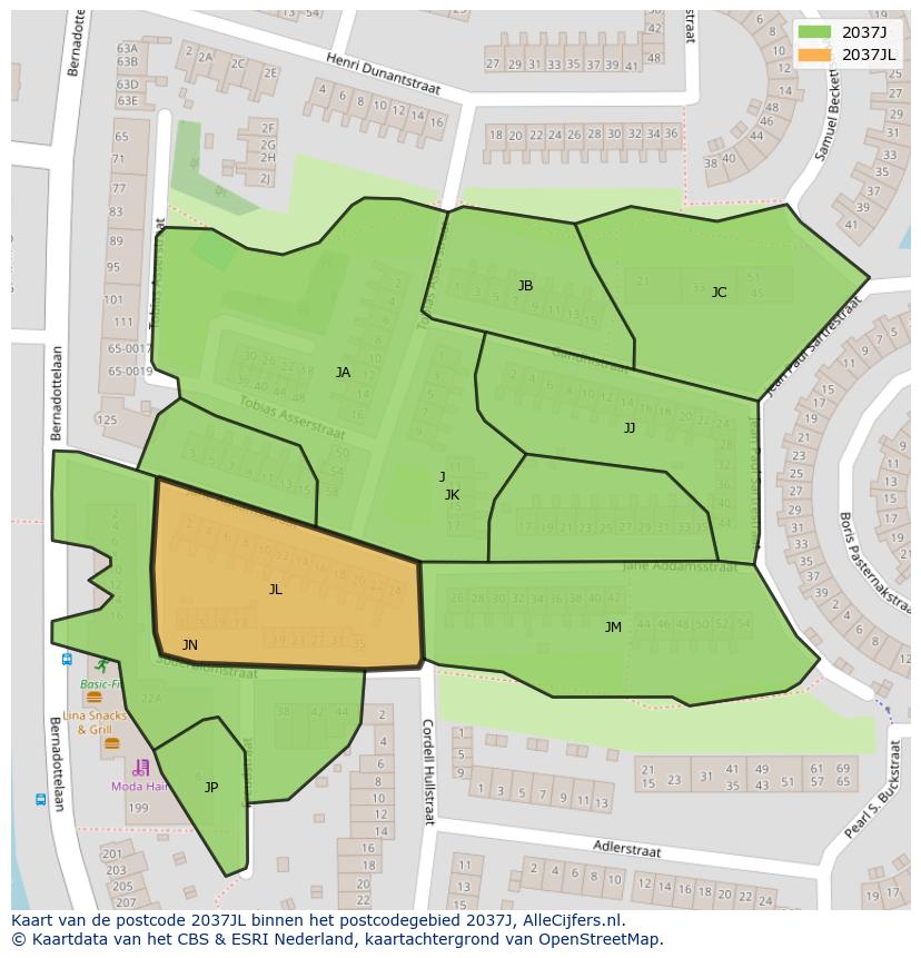 Afbeelding van het postcodegebied 2037 JL op de kaart.