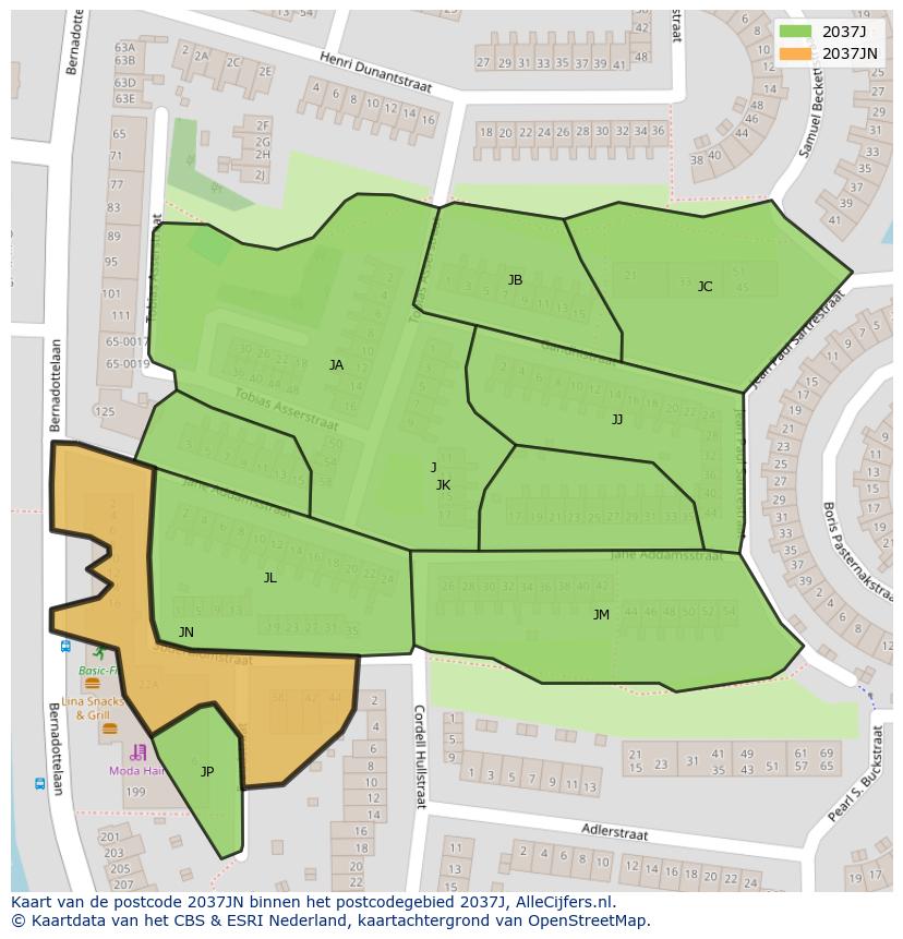 Afbeelding van het postcodegebied 2037 JN op de kaart.