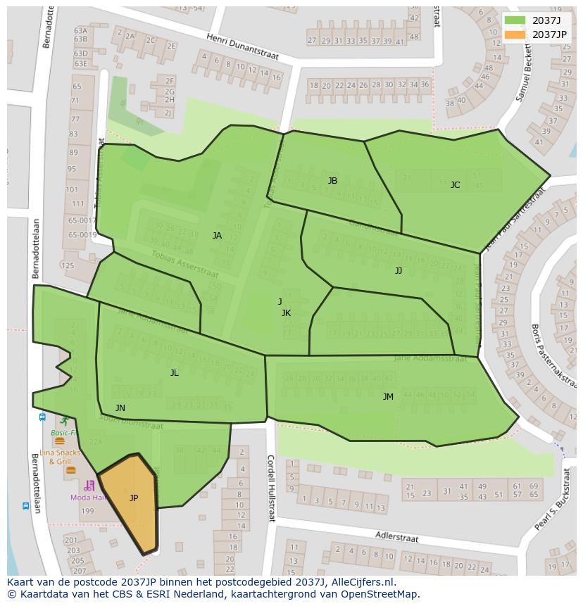 Afbeelding van het postcodegebied 2037 JP op de kaart.