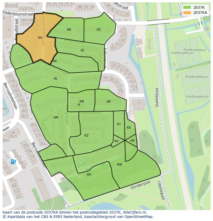 Afbeelding van het postcodegebied 2037 KA op de kaart.