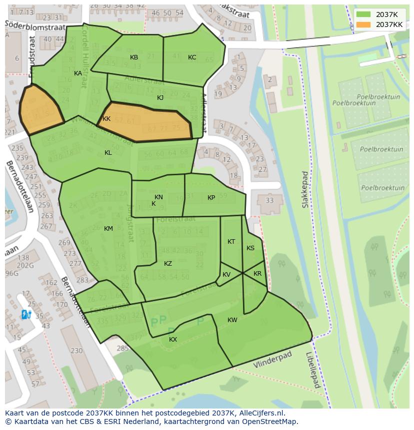 Afbeelding van het postcodegebied 2037 KK op de kaart.