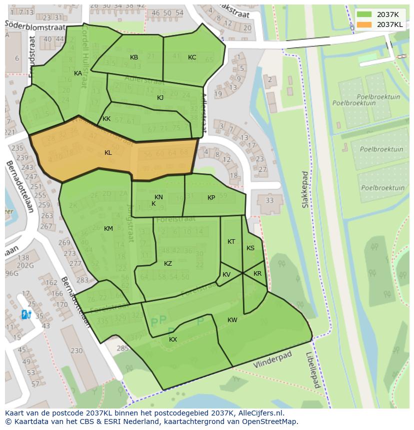 Afbeelding van het postcodegebied 2037 KL op de kaart.