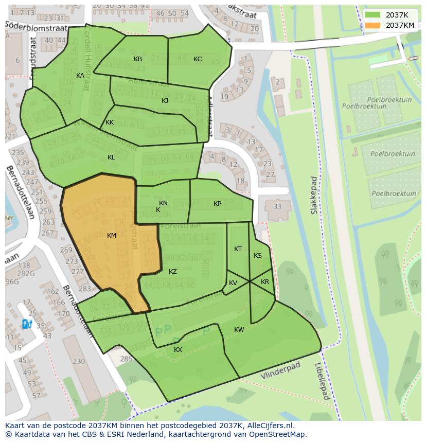Afbeelding van het postcodegebied 2037 KM op de kaart.