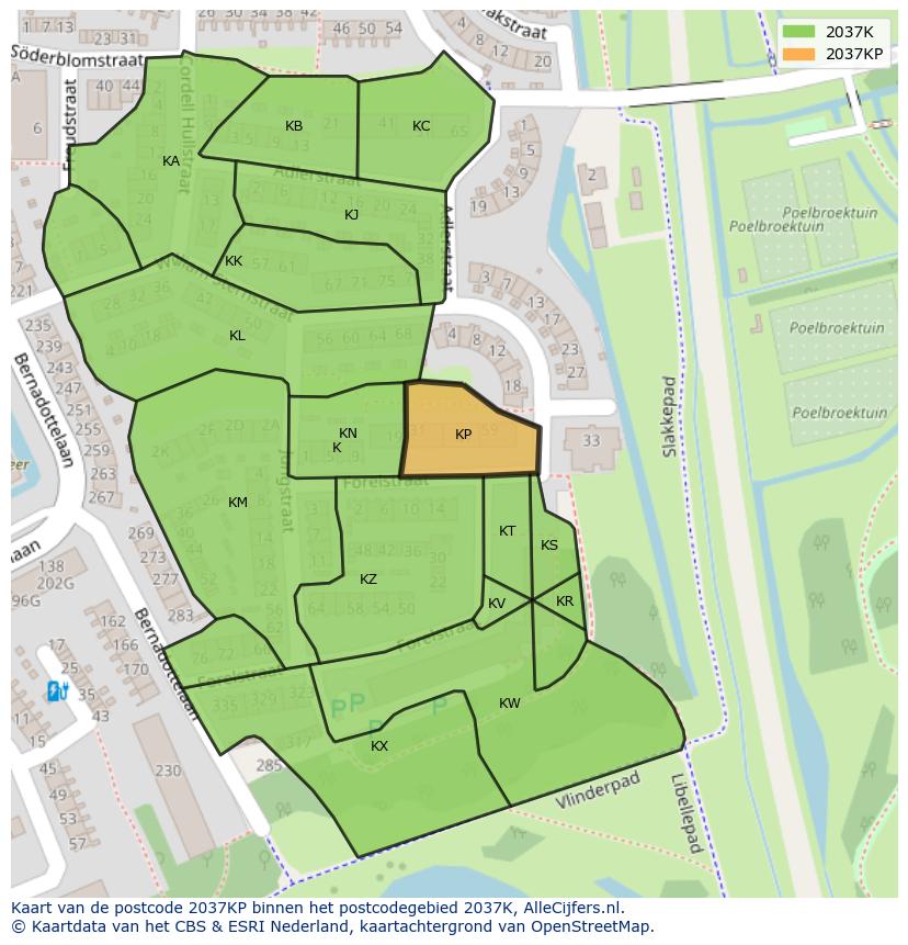 Afbeelding van het postcodegebied 2037 KP op de kaart.