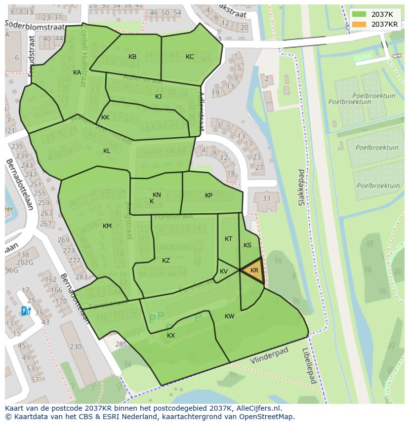 Afbeelding van het postcodegebied 2037 KR op de kaart.