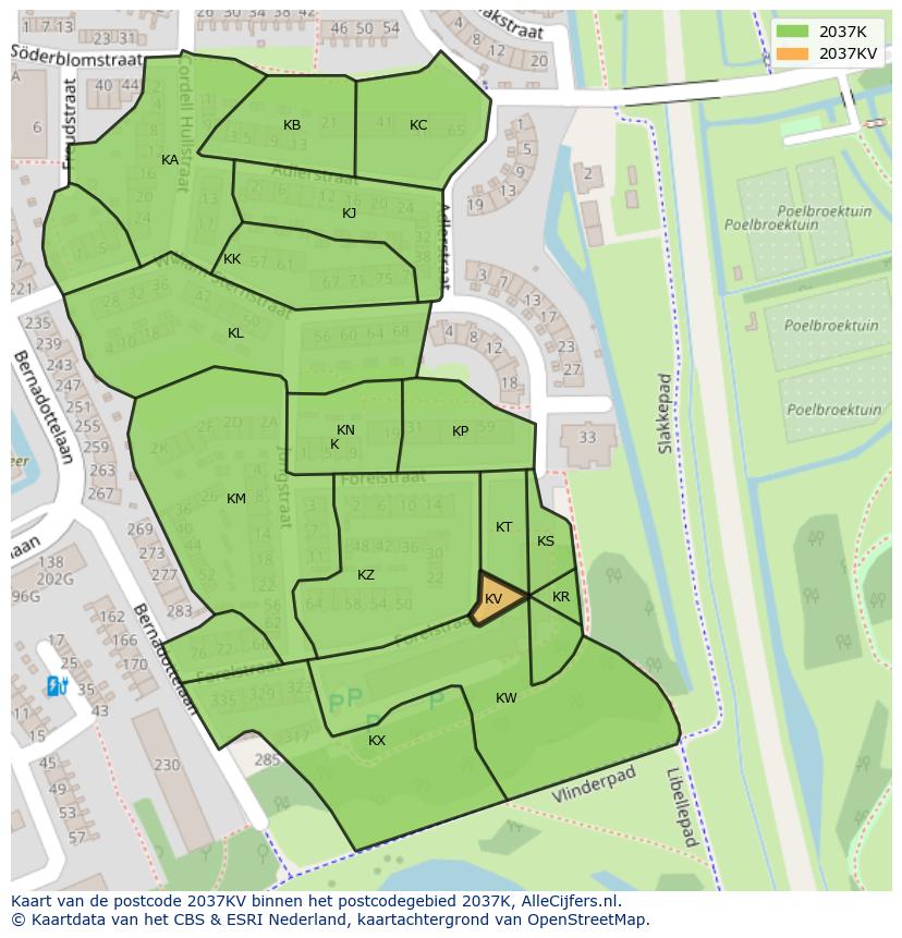 Afbeelding van het postcodegebied 2037 KV op de kaart.