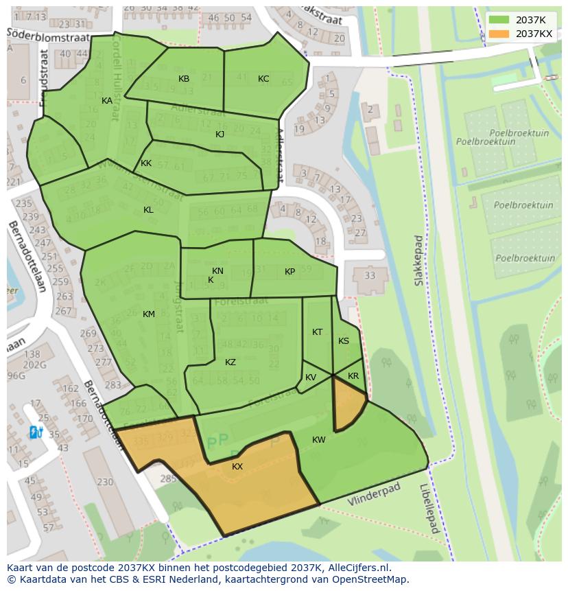 Afbeelding van het postcodegebied 2037 KX op de kaart.