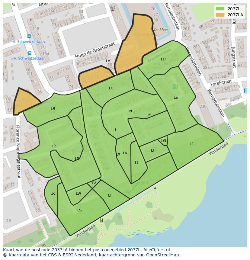 Afbeelding van het postcodegebied 2037 LA op de kaart.